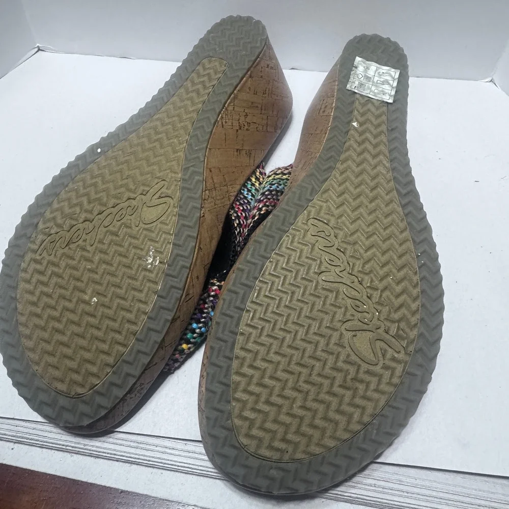 Skechers Luxe Foam Multi Color Woven Wedge Sandals Rainbow Boho Womens 9